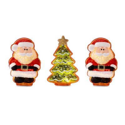 Mr. Christmas Santa Claus and Christmas Tree Mercury Glass LED Tabletop Decorations- 4" - Set of 3