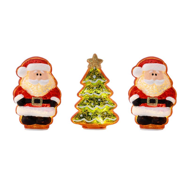 Mr. Christmas Santa Claus and Christmas Tree Mercury Glass LED Tabletop Decorations- 4" - Set of 3, 1 of 2