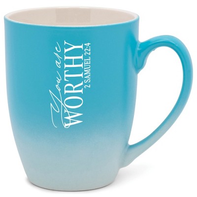 Elanze Designs You Are Worthy 2 Samuel 22:4 Two Toned Ombre Matte Pale Blue and White 12 ounce Ceramic Stoneware Coffee Cup Mug