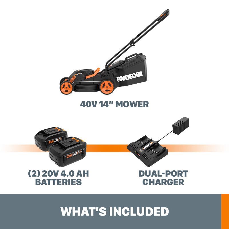 Worx WG779 40V Powershare 14in. Cordless Lawn Mower, Compatible, Bag and Mulch, Intellicut, Compact Storage Batteries and Charger Included, 3 of 11