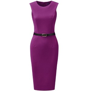 INSPIRE CHIC Women's Belted Round Neck Sleeveless Casual Office Sheath Dress - 1 of 4