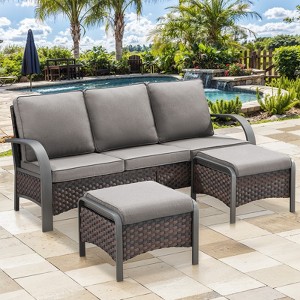 Buenhomino 3-Piece Patio Conversation Set, Outdoor Furniture Wicker Patio Set Includes 3-Seat Sofa and 2 Ottomans - 1 of 4