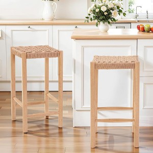 26.4" Kraft Paper Cord Industrial Bar Stools with Rubberwood Legs, Set of 2 Adjustable Counter Height Stools for Kitchen Island or Caf¨¦ - 1 of 4
