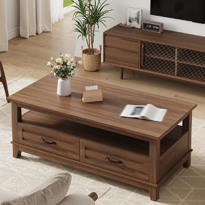 47.2" Wood Modern Coffee Table with Drawers and Open Shelf, Easy Assembly Center Table for Living Room, Balcony, Parlor - 330 Lbs Capacity - 1 of 4