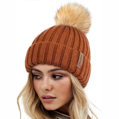 ZUPPAD Womens Winter Knitted Beanie Hat with Faux Fur Pom Warm Knit Skull Cap Beanie for Women Hats 1 Pack