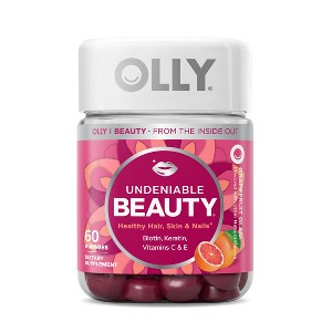 OLLY Undeniable Beauty Multivitamin Gummies for Hair Skin & Nails with Biotin, Keratin, Vitamins C & E - Grapefruit Glam - 60ct - 1 of 4