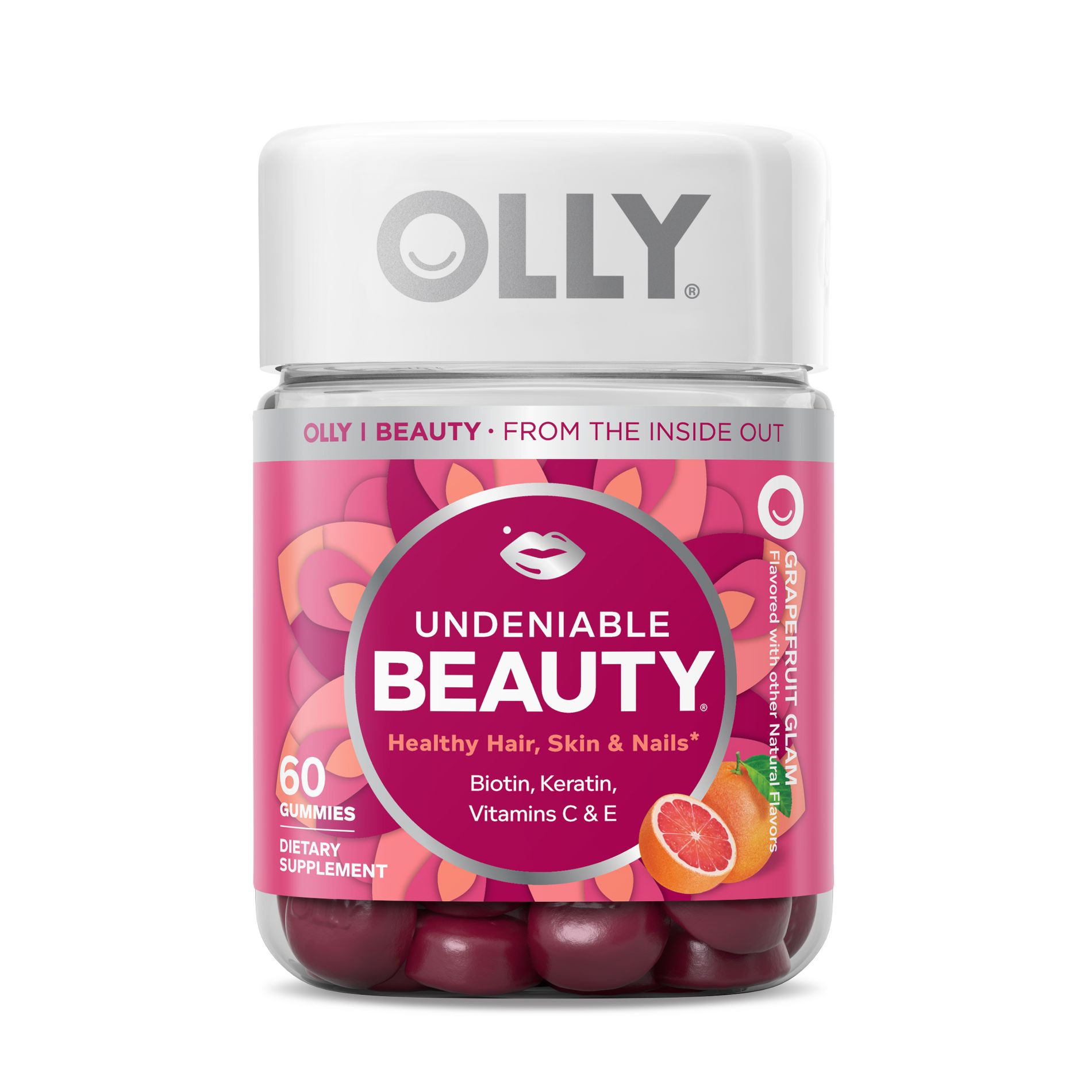 OLLY Undeniable Beauty Multivitamin Gummies for Hair Skin & Nails with Biotin, Keratin, Vitamins C & E - Grapefruit Glam - 60ct