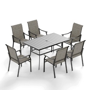 Captiva Designs 7pc Patio Outdoor Dining Rectangle Steel Table with Umbrella Hole & Brown Textilene Arm Chairs - 1 of 4