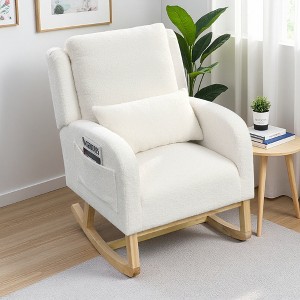Fabric High Back Rocking Armchair with Lumbar Pillow and Side Pockets - 1 of 4