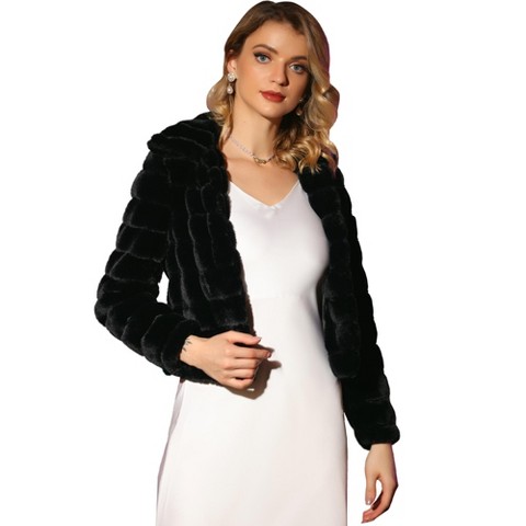 INSPIRE CHIC Women's Collar Warm Winter Outwear Cropped Faux Fur Fluffy Coat Large Black