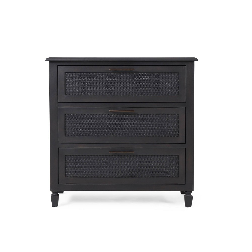 Photos - Dresser / Chests of Drawers Newell Rustic Acacia Wood and Cane 3 Drawer Dresser Dark Gray - Christophe