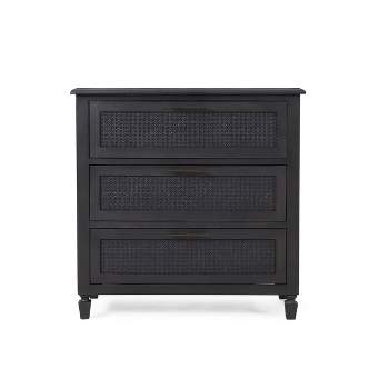 Newell Rustic Acacia Wood and Cane 3 Drawer Dresser Dark Gray - Christopher Knight Home