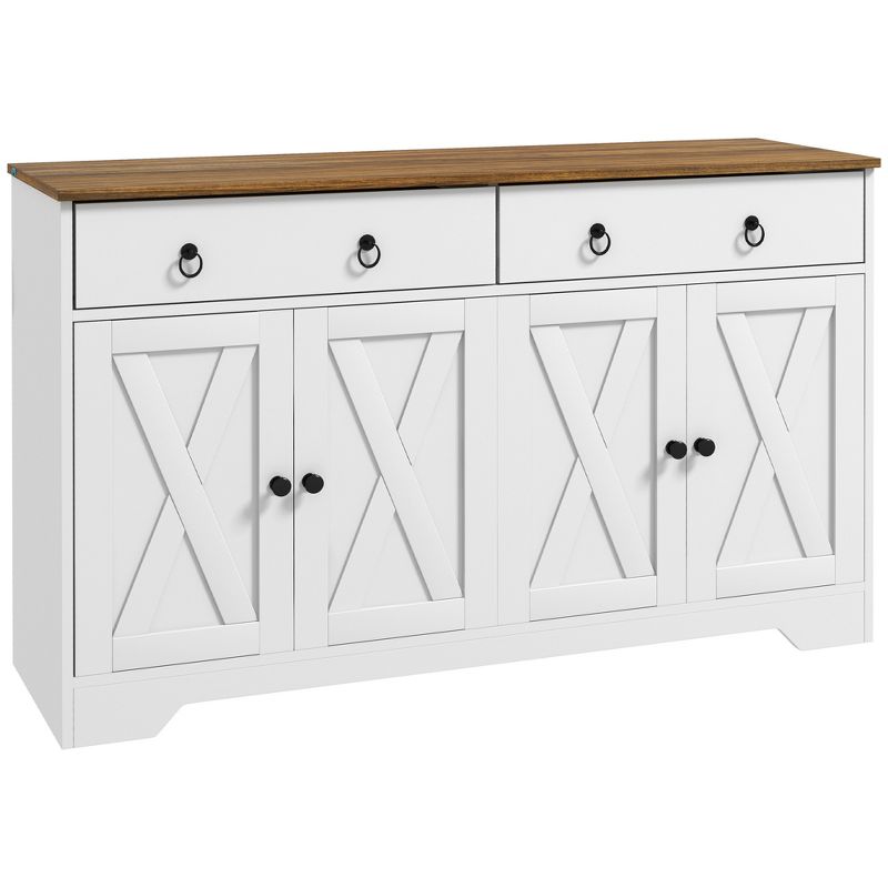 HOMCOM Sideboard Buffet Cabinet, Farmhouse Coffee Bar Cabinet with 2 Drawers, Barn Doors and Adjustable Shelves for Living Room, Dining Room, White, 1 of 7