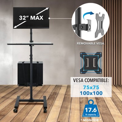 Black Height Adjustable Mobile Computer Cart with Monitor Mount and CPU Holder