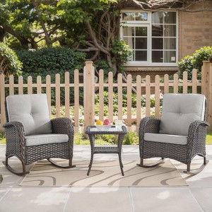 SUGOLD 3-Piece Outdoor Rocking Chairs,All-Weather PE Wicker Patio Rocker Chairs Bistro Set with Side Table,Porch Balcony Furniture with Cushions - 1 of 1