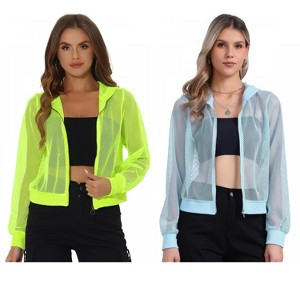 INSPIRE CHIC Women's Zip Up Long Sleeve Mesh Sheer Hoodie Bomber Jackets 2 Packs - 1 of 4
