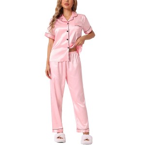 cheibear Women's Buton Down Sleepwear with Pants Nightwear Lounge Pajama Set 2 Pcs - 1 of 4