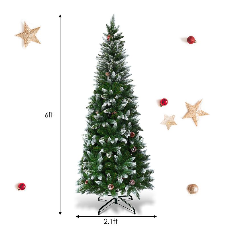 Costway 6ft Snow Flocked Unlit Pencil Christmas Tree Hinged Pine Cones, 3 of 11