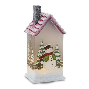 LED House with Snowman – Set of 2 – 9"H Glass Christmas Decor, Battery Operated By Melrose - 1 of 3