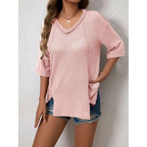 Women's Casual V - Neck Waffle Knit Half - Sleeve Top with Side Slits - 1 of 4