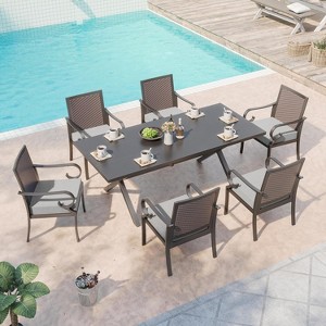ALAULM Patio Dining Set Outdoor Furniture, Metal Furniture Set Fixed Chairs and Large Table with Umbrella Cutout,for Garden,Porch, Deck, Backyard - 1 of 4