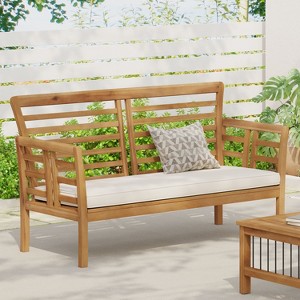 Christopher Knight Home Caydon Outdoor Acacia Wood Loveseat with Cushions, Brown/Cream - 1 of 4