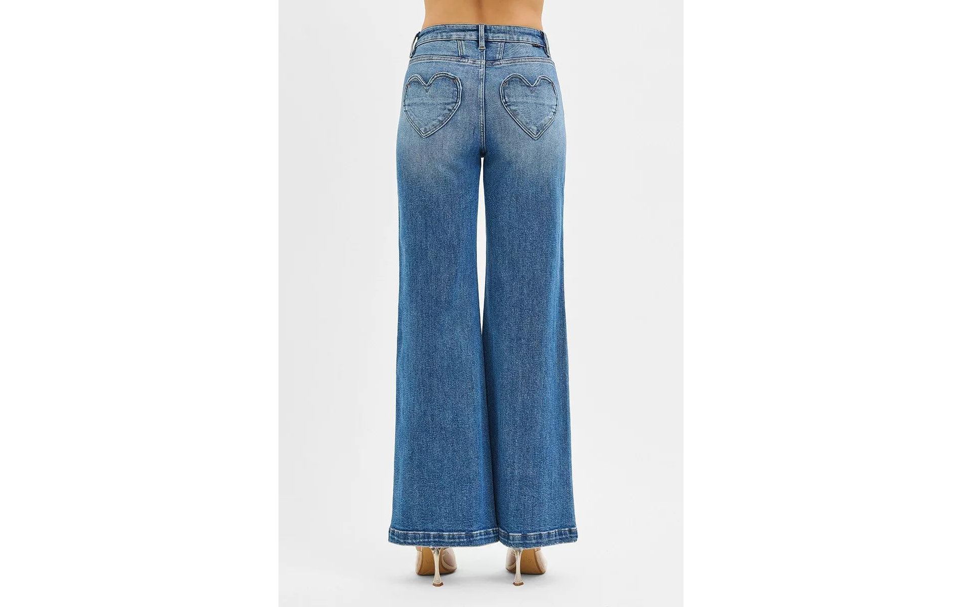 High Rise Wide Leg Jeans with Heart Back Pocket