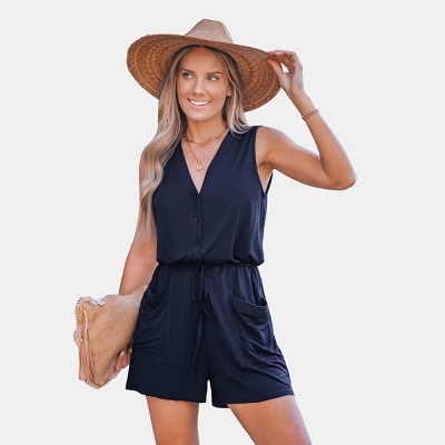 Women's Effortlessly Chic Navy Blue Button-Down Front-Pocket Romper - Cupshe