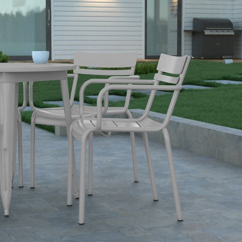 Emma and Oliver Powder Coated Steel Stacking Dining Chair with Arms and 2 Slat Back for Indoor-Outdoor Use, 5 of 12