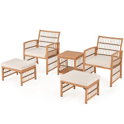 Tangkula 5 Piece Patio Wicker Sofa Set Outdoor Rattan Conversation Set with Seat Cushions 2-Tier Coffee Table & 2 Ottomans