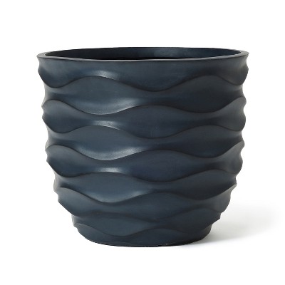 LuxenHome 13.4-Inch Round Waves MgO Planter, Black