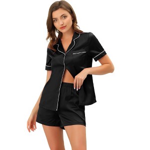 cheibear Women's Silky Satin Button Down Shirt with Shorts Sleepwear Pajama Sets - 1 of 4