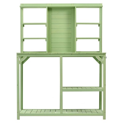Red Barrel Studio® 65.4"H Outdoor Potting Bench Table, Large Solid Wood Patio Workstation With 2 Shelves, 2 Cabinets, 3 Side Hooks