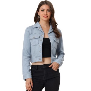 INSPIRE CHIC Women's Casual Faux Suede Notched Collar Button Up Cropped Jacket with Pockets - 1 of 4