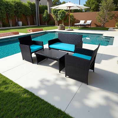 Nertpow Deluxe 4 Piece Patio Furniture Set, Weatherproof Patio Conversation Set with 3 Sofa and 1 Table , Black Rattan and Light Blue Cushion