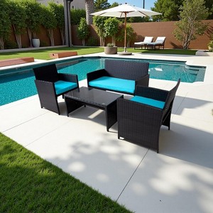 Nertpow Deluxe 4 Piece Patio Furniture Set, Weatherproof Patio Conversation Set with 3 Sofa and 1 Table , Black Rattan and Light Blue Cushion - 1 of 4