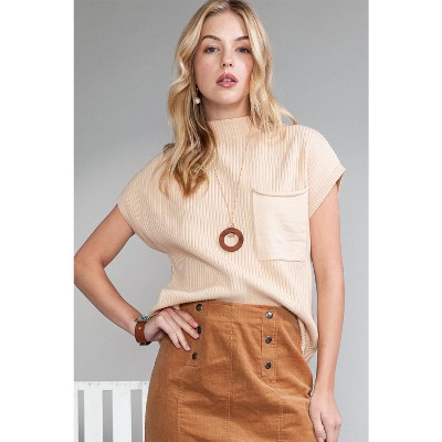 I AM A FASHION JUNKY Pink Patch Pocket Ribbed Knit Short Sleeve Sweater