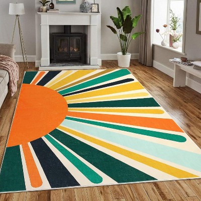 Colorful Machine Washable Area Rug, Non-Slip Indoor Carpet for Living Room, Bedroom, Modern Minimalist Front Door Mat with Sun Accent Design.