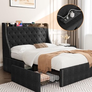 Upholstered Full Bed Frame with 4 Storage Drawers, Wingback Headboard, Charging Station, Diamond Tufted, No Box Spring Needed - 1 of 4