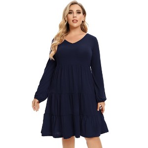plus Size V-Neck Multi-Layered Ruffle Long Sleeve Dress - 1 of 4