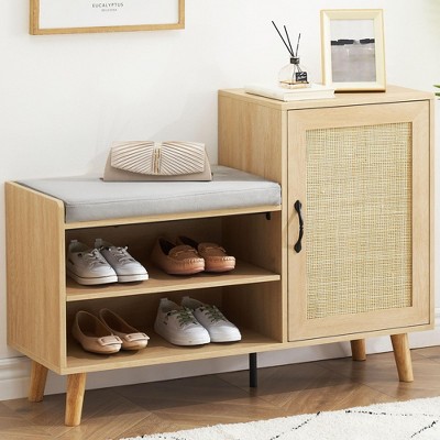 2-in-1 Shoe Storage Bench – 5-Tier Organizer with Rattan Doors & Cushioned Seat – Entryway Solution w/ Easy Assembly (41.34"L)