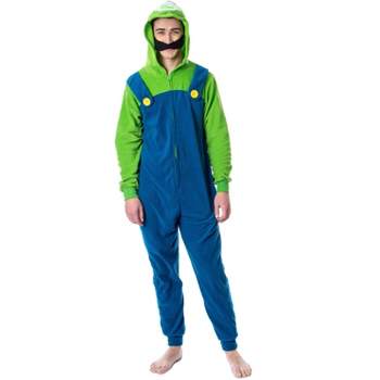 Super Mario Bros. Adult Luigi Costume Microfleece Union Suit Pajama Outfit (XL) Green