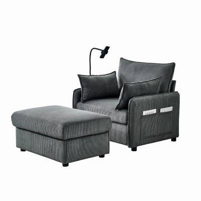 TIRAMISUBEST 55" Oversized Chaise Lounge Chair Indoor with Ottoman and Storage , Comfy Corduroy Single Sofa, Chaise Lounge, Living Room, Gray