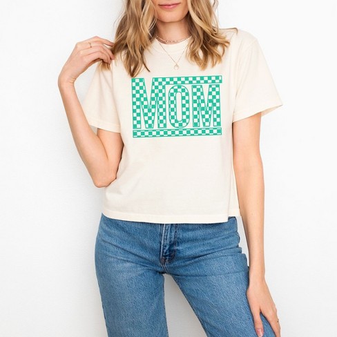 Simply Sage Market Women's Mom Checkered Box Puff Print Short Sleeve Relaxed Fit Cropped Tee - image 1 of 4