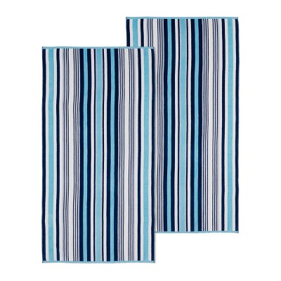 Textured Cotton Oversized Stripe Beach Towels (set Of 2), Sky Blue ...
