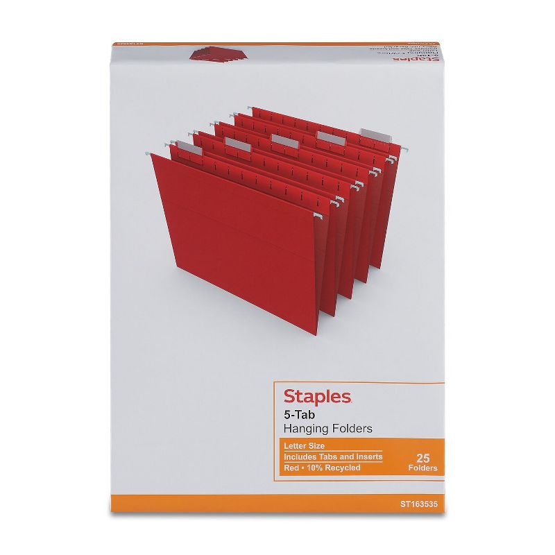 Staples Hanging File Folders 5-Tab Letter Size Red 25/Box (163535), 5 of 6