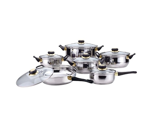 Gourmet Chef 12 Piece Stainless Steel Cookware Set with Black Handles and Knobs