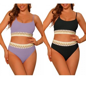 Elerevyo Women's High Waisted Ribbed Adjustable Spaghetti Straps Push Up Swimsuit Bathing Suits 2 Sets - 1 of 4