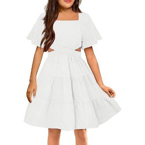 Arshiner Girls Dresses Square Neck Cut Out Shirred Party Cute Tween Dress - 1 of 4