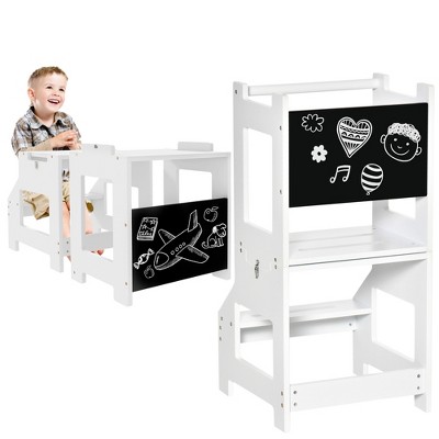 Qaba 2-in-1 Kids Kitchen Step Stool, Detachable Toddler Table and Chair Set, Toddler Step Stool with Safety Rail Chalkboard for Kitchen, Bathroom, Bedroom
